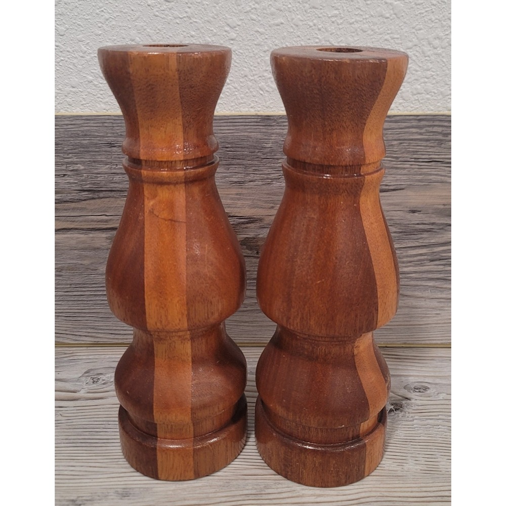 Vintage hand turned Wood Candle sticks mid century 10in tall pillar candles